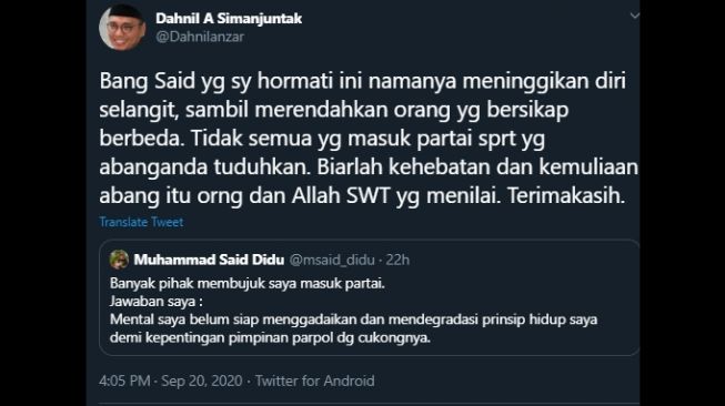 Twitwar Said Didu dan Dahnil Anzar. (Twitter/@Dahnilanzar)