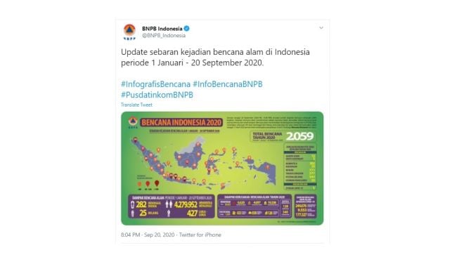 Update bencana alam dari BNPB. [Twitter]