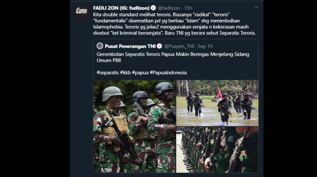 Cuitan Fadli Zon soal istilah teroris. (Twitter/@fadlizon)