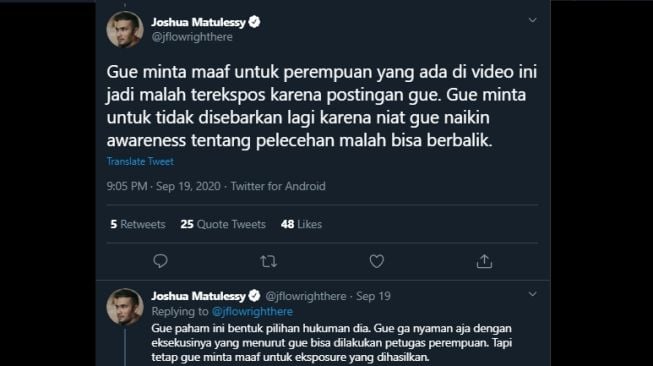 Cuitan Joshua Matulessy meminta maaf soal komentarnya atas hukuman squat jump. (Twitter/@jflowrighthere)