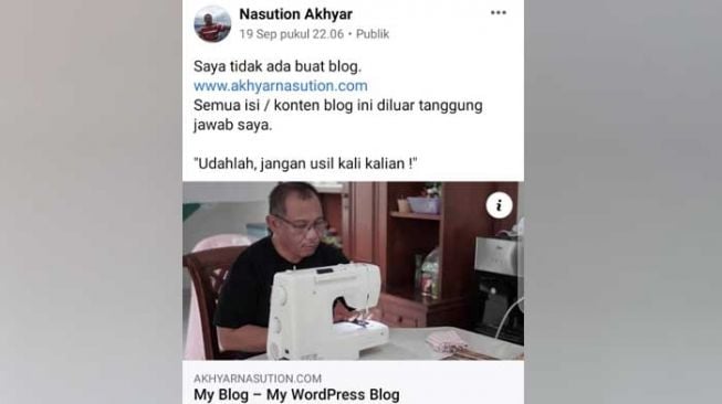 Tanggapan Akhyar Nasution mengenai blog yang mengatasnamakan dirinya [screenshot Facebook Akhyar Nasution]