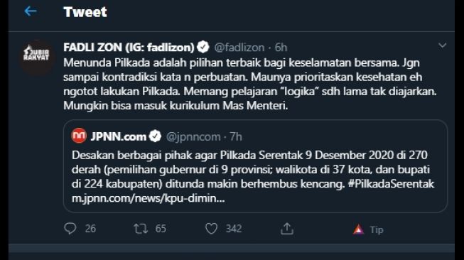 Cuitan Fadli Zon menyarankan pemerintah menunda Pilkada. (Twitter/@fadlizon)