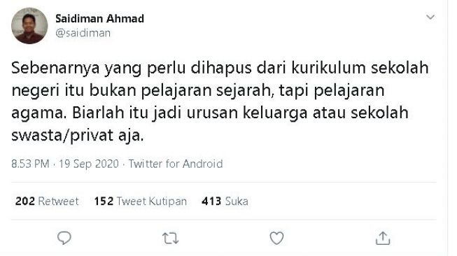 Tangkapan layar pendapat Saidiman Ahmad. (Twitter/@saidiman)