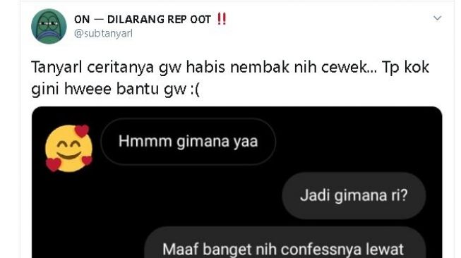 Tangkapan layar curhatan seorang cowok. (Twitter/@subtanyarl)