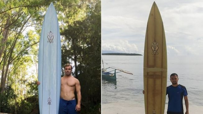 Doug Falter berpose dengan papan selancarnya di Hawaii pada 2015 (kiri) dan Giovanne Branzuela berpose dengan papan selancar yang sama pada 2020 (kanan). (AFP)