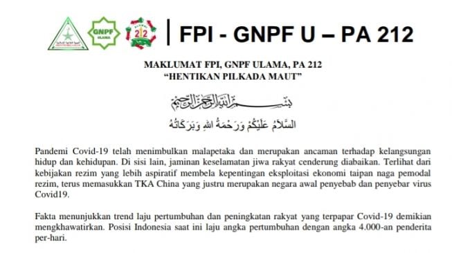 Maklumat FPI, GNPF, PA 212: Hentikan Pilkada Maut!