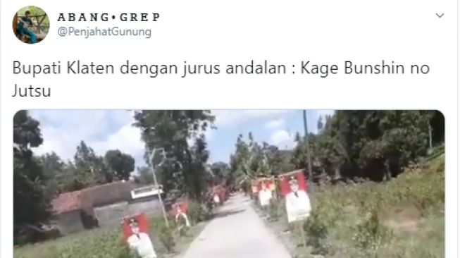 Penampakan spanduk Bupati Klaten, Sri Mulyani di sisi kiri dan kanan jalan. - (Twitter/@PenjahatGunung)