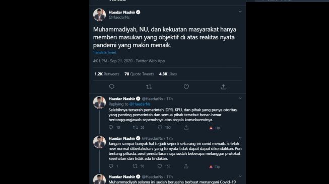 Utasan Haedar Nashir atas sikap Muhammadiyah tentang Pilkada 2020. (Twitter/@HaedarNs)