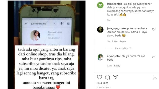 Permintaan ojol yang hanya meminta subscribe Youtube anaknya (Instagram)