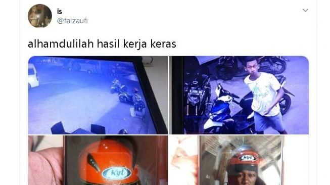 Tangkapan layar detik-detik maling helm beraksi. (Twitter/@faizaufi)