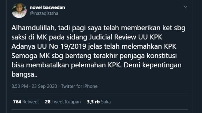 Tangkapan layar kicauan Novel Baswedan. (Twitter/@nazaqistsha).