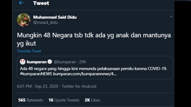 Sindiran Said Didu soal Pilkada di 48 yang dibatalkan. (Twitter/@msaid_didu)