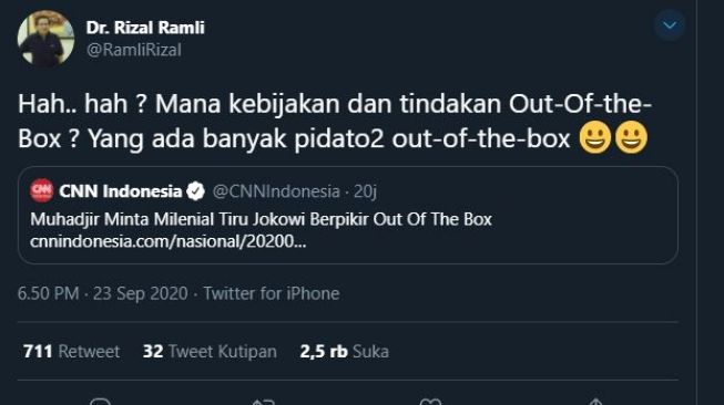 Tangkapan layar cuitan Rizal Ramli. (Twitter/@RamliRizal)