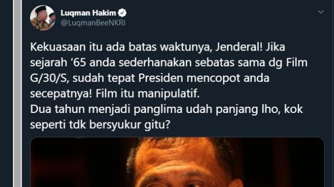 Komentar pedas Luqman Hakim soal Gatot Nurmantyo. (Twitter/@LuqmanBeeNKRI)