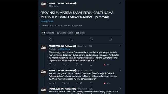 Utasan Fadli Zon soal usulan nama provinsi Sumbar diganti jadi Minangkabau. (Twitter/@fadlizon)