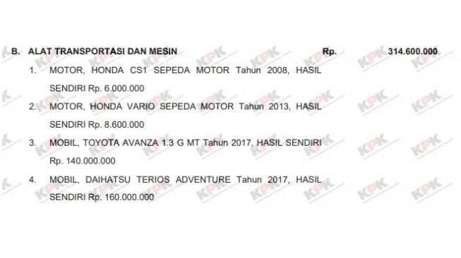 Koleksi kendaraan Febri Diansyah (E-LHKPN)