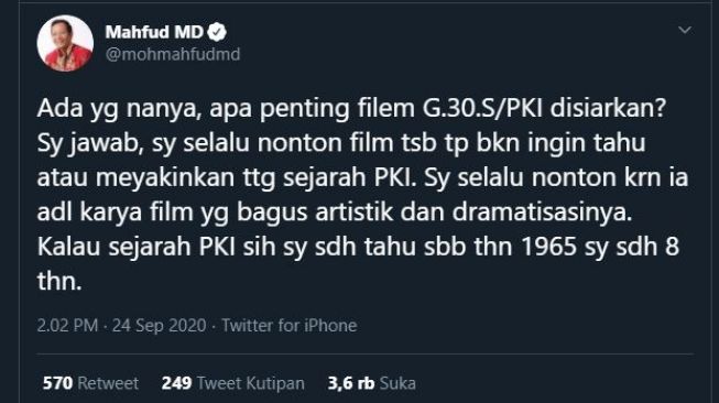 Mahfud MD soal film G30S/PKI. (Twitter/@mohmahfudmd)