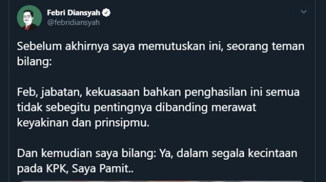 Tangkapan layar cuitan Febri Diansyah. (Twitter/@febridiansyah)