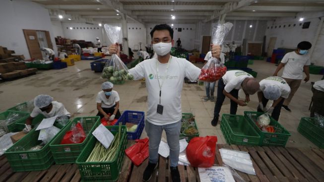 Founder & CEO Eden Farm, David S Gunawan menunjukkan hasil tani yang pemasarannnya dikelola secara lebih profesional. (Istimewa/Eden Farm)