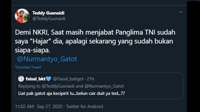 Cuitan Teddy Gusnaidi mengaku pernah hajar Gatot Nurmantyo. (Twitter/@TeddyGusnaidi)