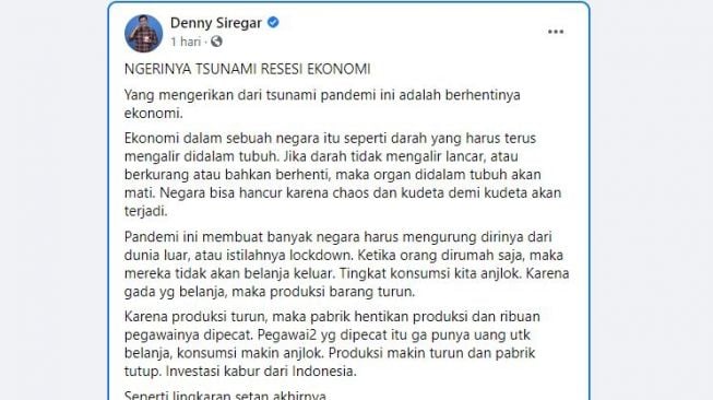 Tangkapan layar opini Denny Siregar. (Facebook/Denny Siregar)