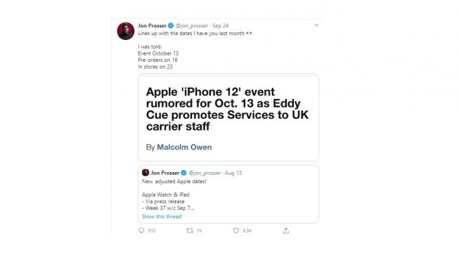 Bocoran tanggal peluncuran iPhone 12. [Twitter]