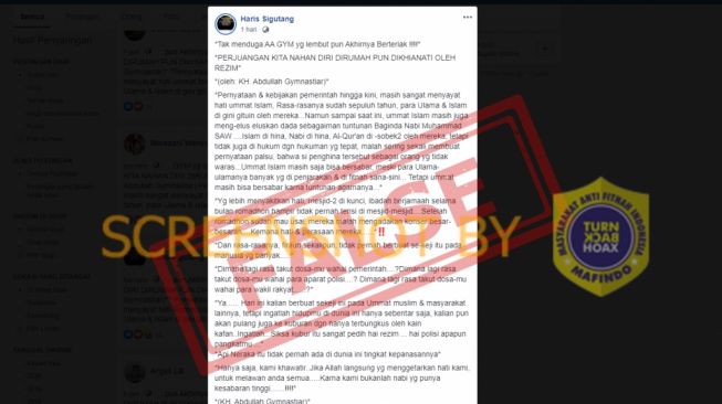 CEK FAKTA: Benarkah Aa Gym Ucap Perjuangan Tetap di Rumah Dikhianati Rezim?