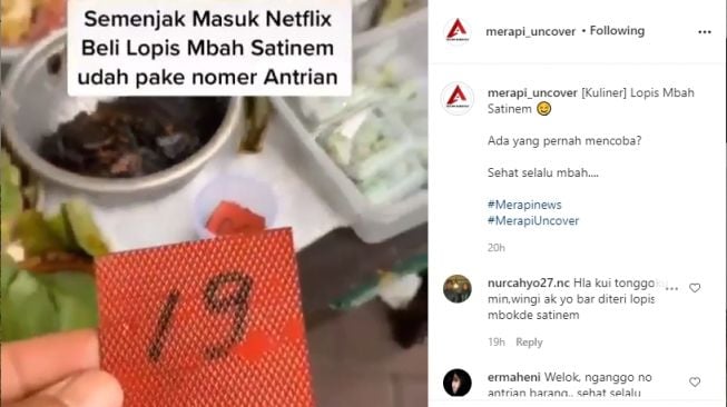 Video lopis mbah Satinem gunakan nomor antrian. - (Instagram/@merapi_uncover)