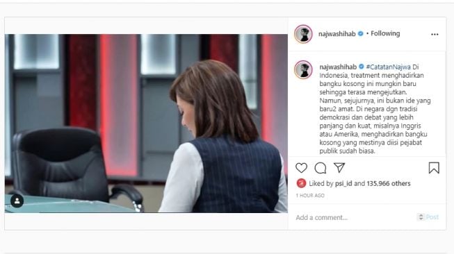 Unggahan Najwa Shihab menjealskan format wawancara kursi kosong. (Instagram/najwashihab)