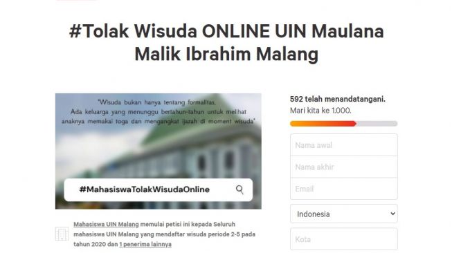 Pandemi Covid-19, Mahasiswa UIN Malang Bikin Petisi Tolak Wisuda Online