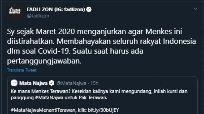 Cuitan Fadli Zon Soal Usulan Menkes Terawan Diistirahatkan (Twitter/@Fadlizon).