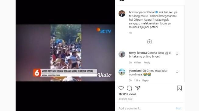 Unggahan Hotman Paris mendesak agar aparat menindaklanjuti pesta kolam yang viral. (Instagram/@hotmanparisofficial)