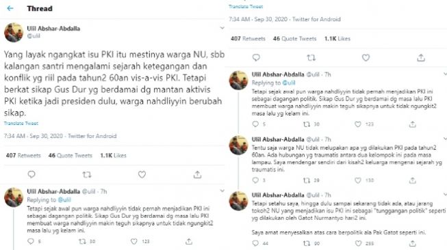 Cuitan Ulil Abshar Abdalla yang mengkritik sikap Gatot Nurmantyo karena mengangkat isu PKI. (Twitter @ulil)