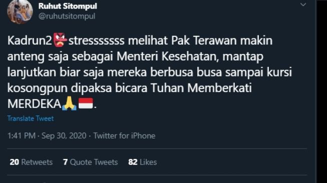 Cuitan Ruhut Sitompul membela Menkes Terawan. (Twitter/@ruhutsitompul)