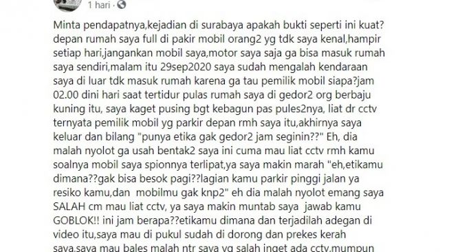 Curhat pemilik mobil dipersekusi gara-gara mobil parkir (Facebook)