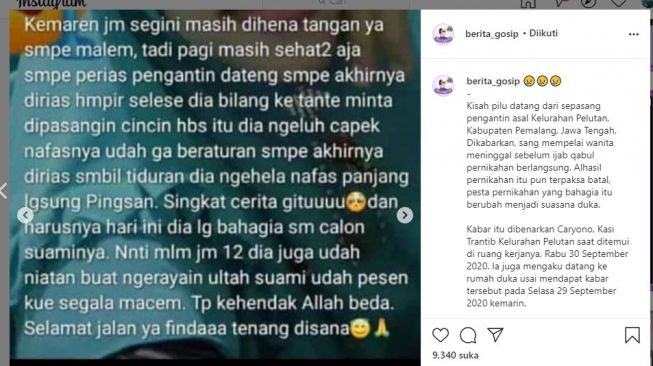 Tangkapan layar kabar di media sosial. (Instagram/@berita_gosip)