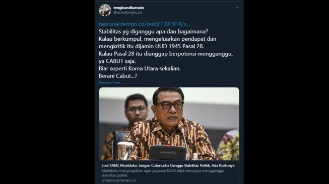 Cuitan Tengku Zul soal pernyataan Moeldoko terhadap KAMI. (Twitter/@ustadtengkuzul)