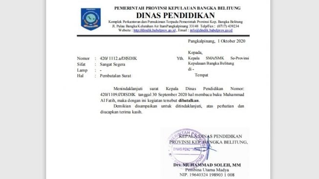 Surat pembatalan surat edaran yang berisikan menyuruuh siswa tingkat SMA dan SMK membaca buku Muhammad Al Fatih 1453  karangan Felix Siauw. (ist)