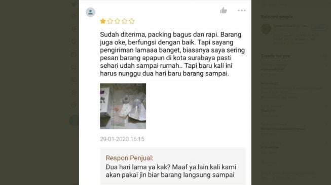 Review belanja online pelanggan komplain tapi mendapat jawaban nyeleneh dari penjual. [Twitter]