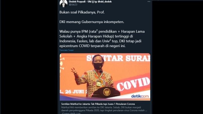 Cuitan Dedek Uki menanggapi pernyataan Mahfud MD soal Jakarta juara corona. (Twitter/@uki23)