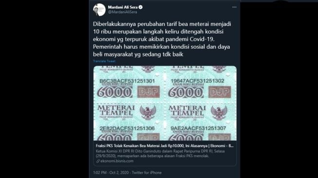 Cuitan Mardani mengkritisi perubahan bea meterai Rp 10 ribu. (Twitter/@MardaniAliSera)