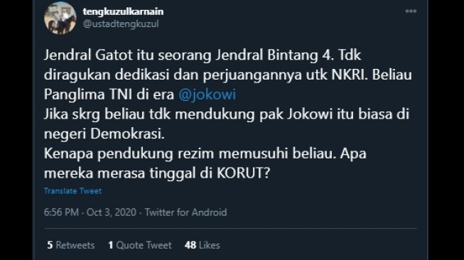 Cuitan Tengku Zul membela Gatot Nurmantyo. (Twitter/@ustadtengkuzul)