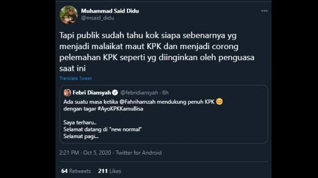 Cuitan Said Dido merespons sentilan Febri Diansyah ke Fahri Hamzah. (Twitter/@msaid_didu)