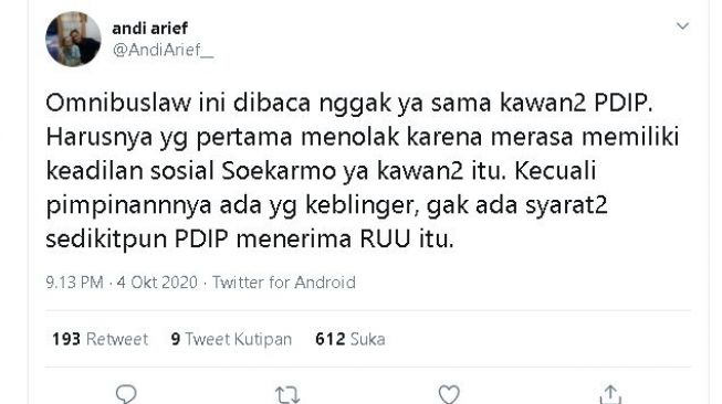 Tangkapan layar cuitan Andi Arief. (Twitter/@AndiArief_)