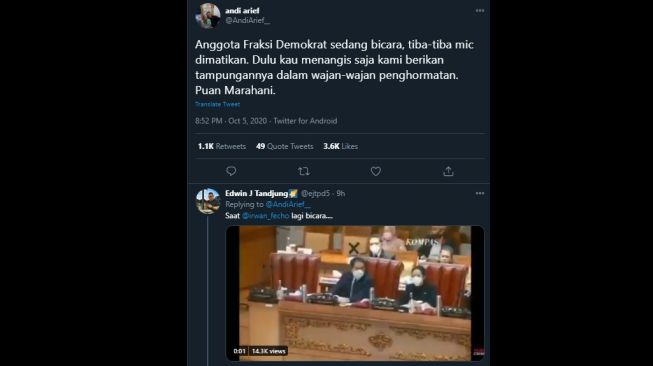 Cuitan Andi Arif mengkritik Puan Maharani soal dimatikannya mikrofon anggota DPR RI F-Demokrat. (Twitter/@AndiArief__)