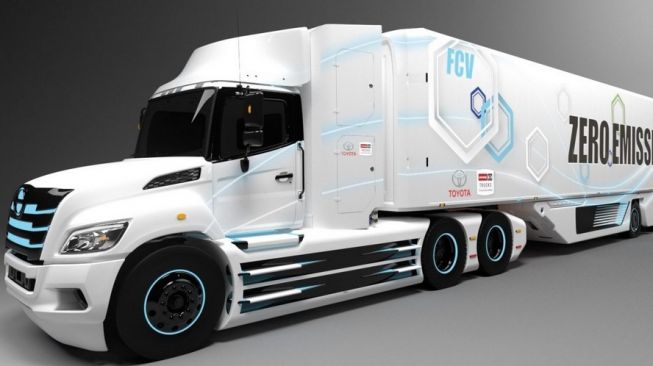 Desain truk heavy duty Fuel Cell Electric Truck (FCET) versi Amerika Serikat, dengan jumlah ban lebih banyak dibandingkan versi Jepang [Toyota USA].