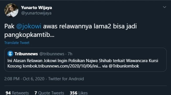 Cuitan Yunarto Wijaya ke Presiden Jokowi (Twitter/@yunartowijaya).