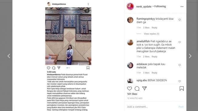 Komentar Krisdayanti soal UU Cipta Kerja di Instagram