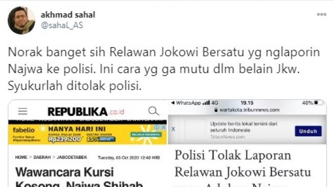 Gus Sahal komentari relawan Jokowi laporkan Najwa Shihab (Twitter/sahal_as)