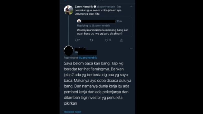 Cuitan pengguna Twitter soal budayakan membaca RUU Cipta Kerja. (Twitter/@ArditErwandha)